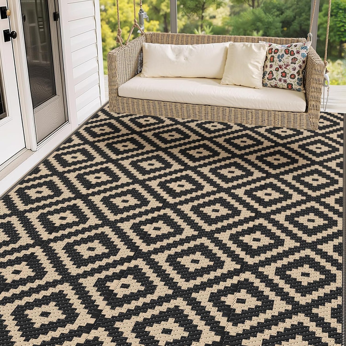 Alfombra impermeable exterior 5x8ft reversible negro beige