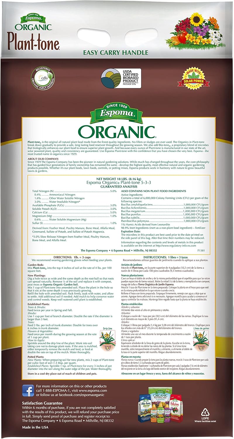 Fertilizante vegetal orgánico 5-3-3 18lb para flores y plantas