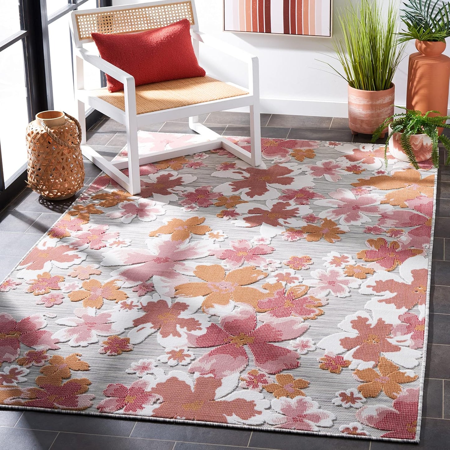 Alfombra exterior lavable 4x6ft gris y rosa ideal patio