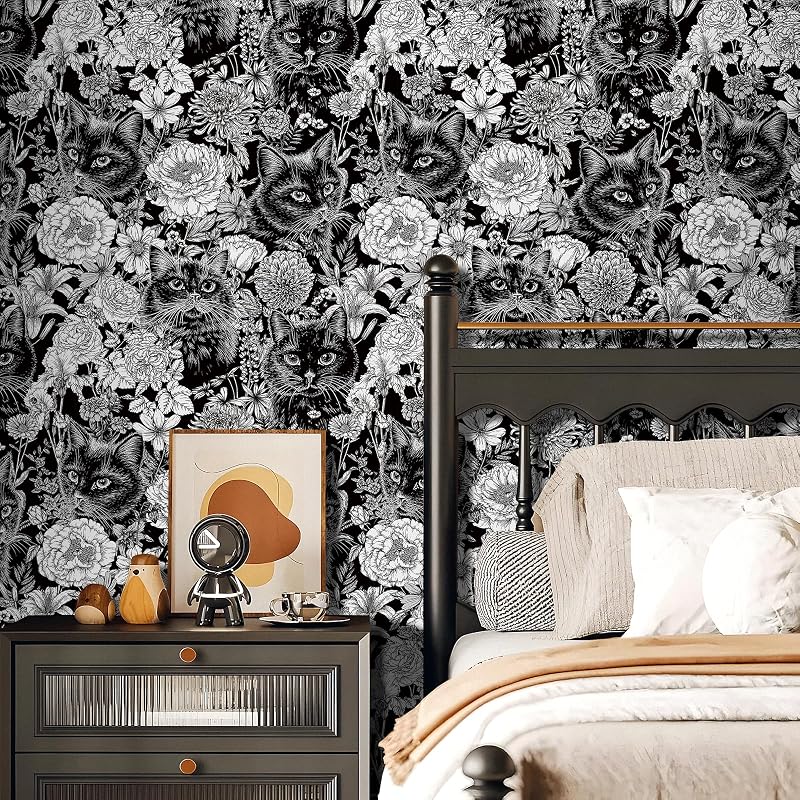 Papel tapiz vintage blanco y negro con animales 17.5x276"
