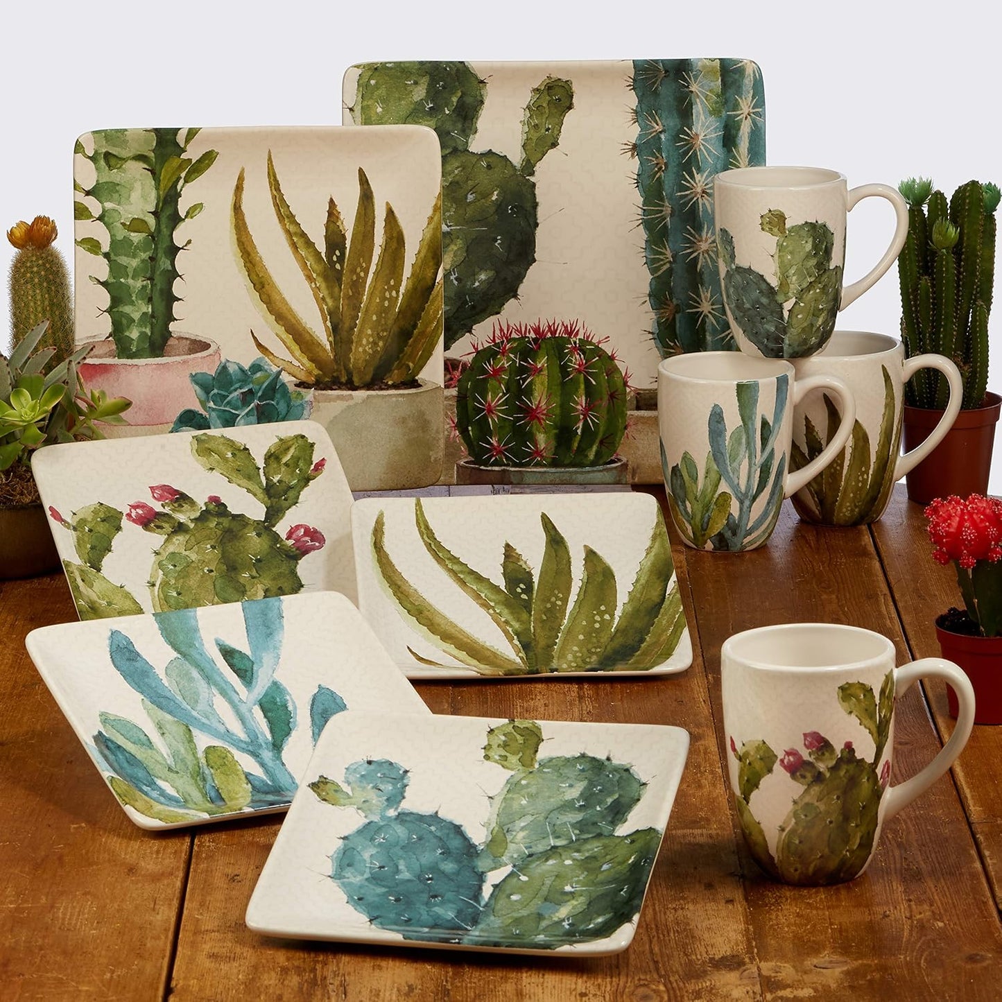 Cuenco cerámica cactus verde 13x3pulg acuarela