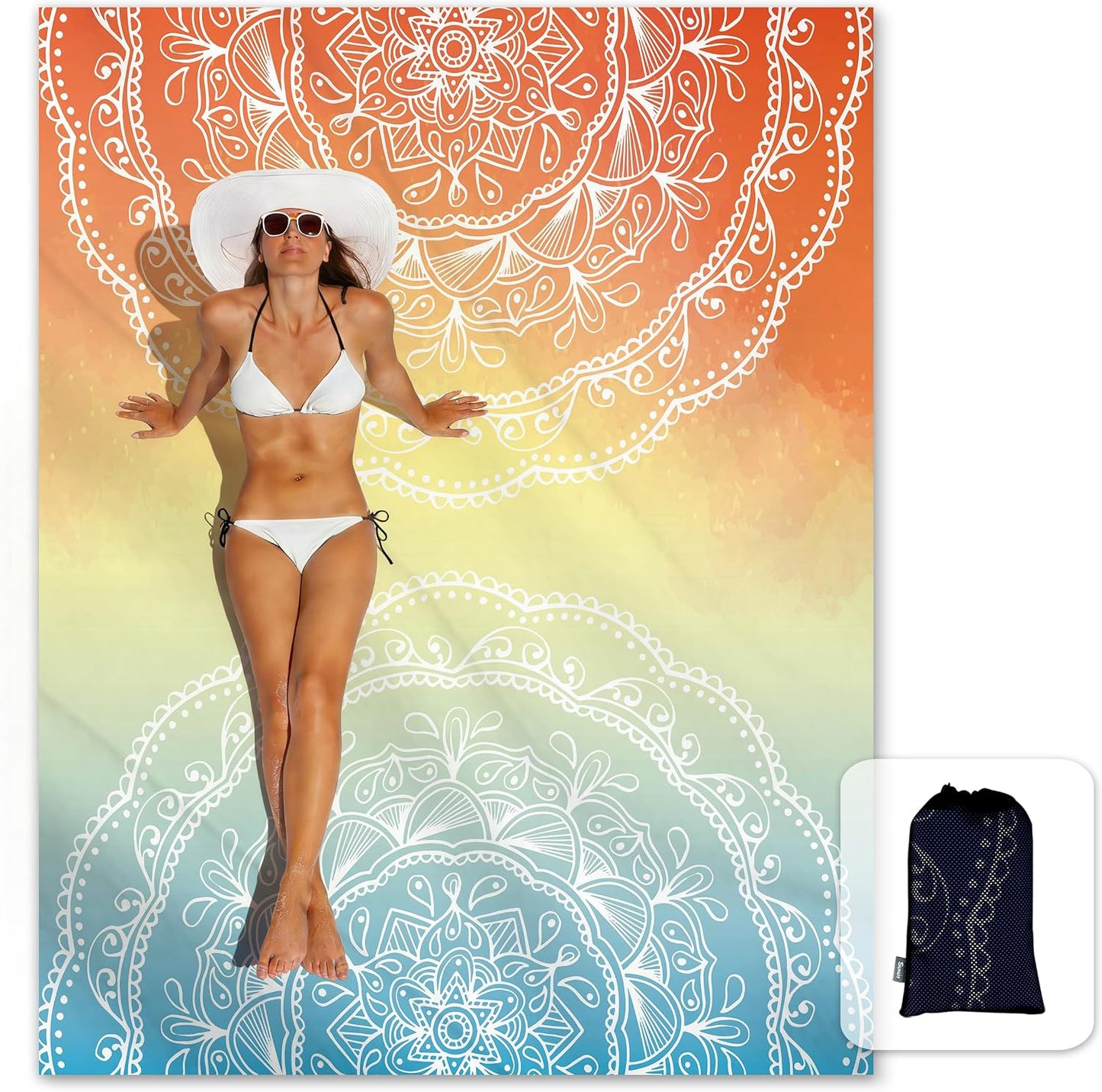 Manta playa suave 106x81" diseño mandala con bolsillos