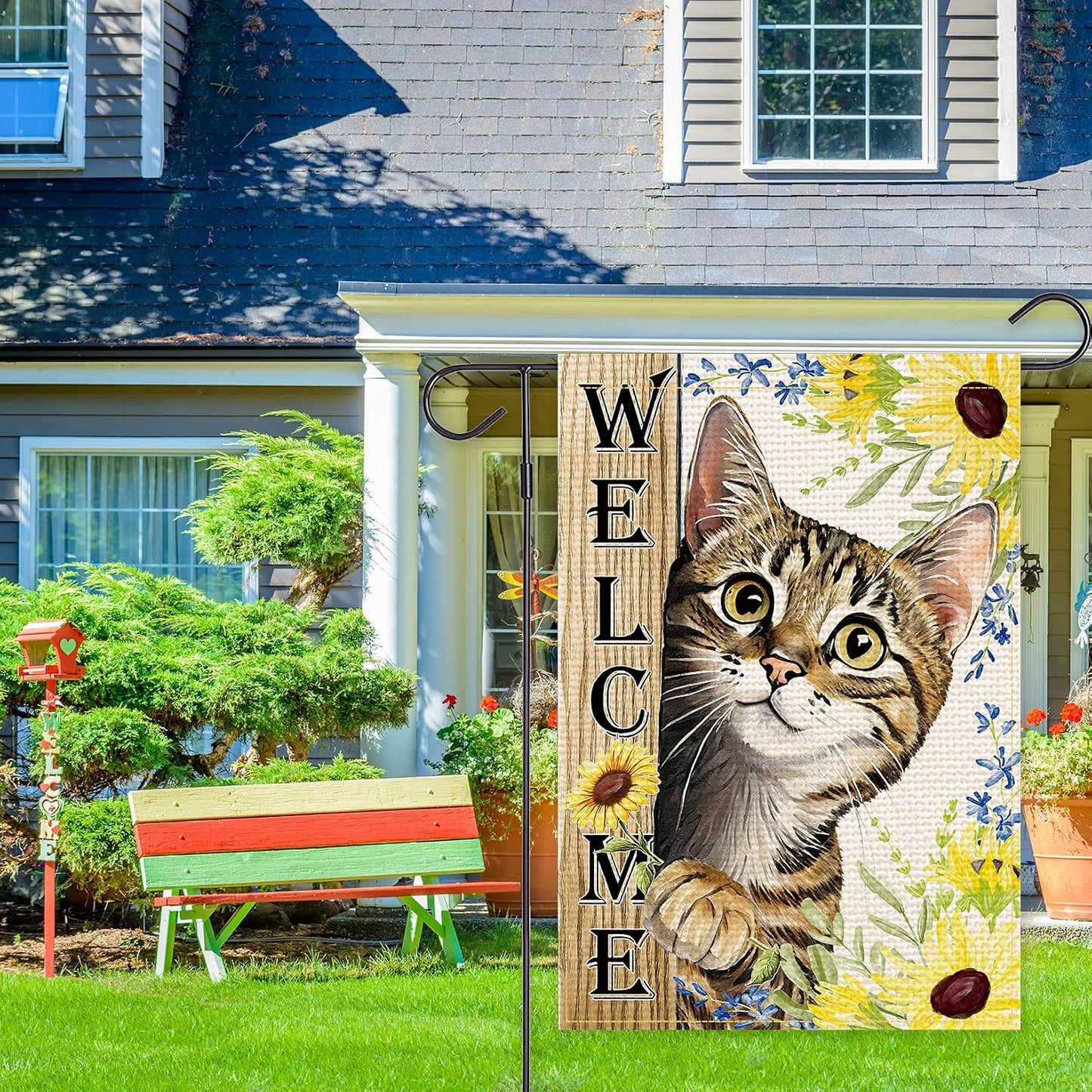 Bandera bienvenida jardín girasol gato 12x18" doble cara
