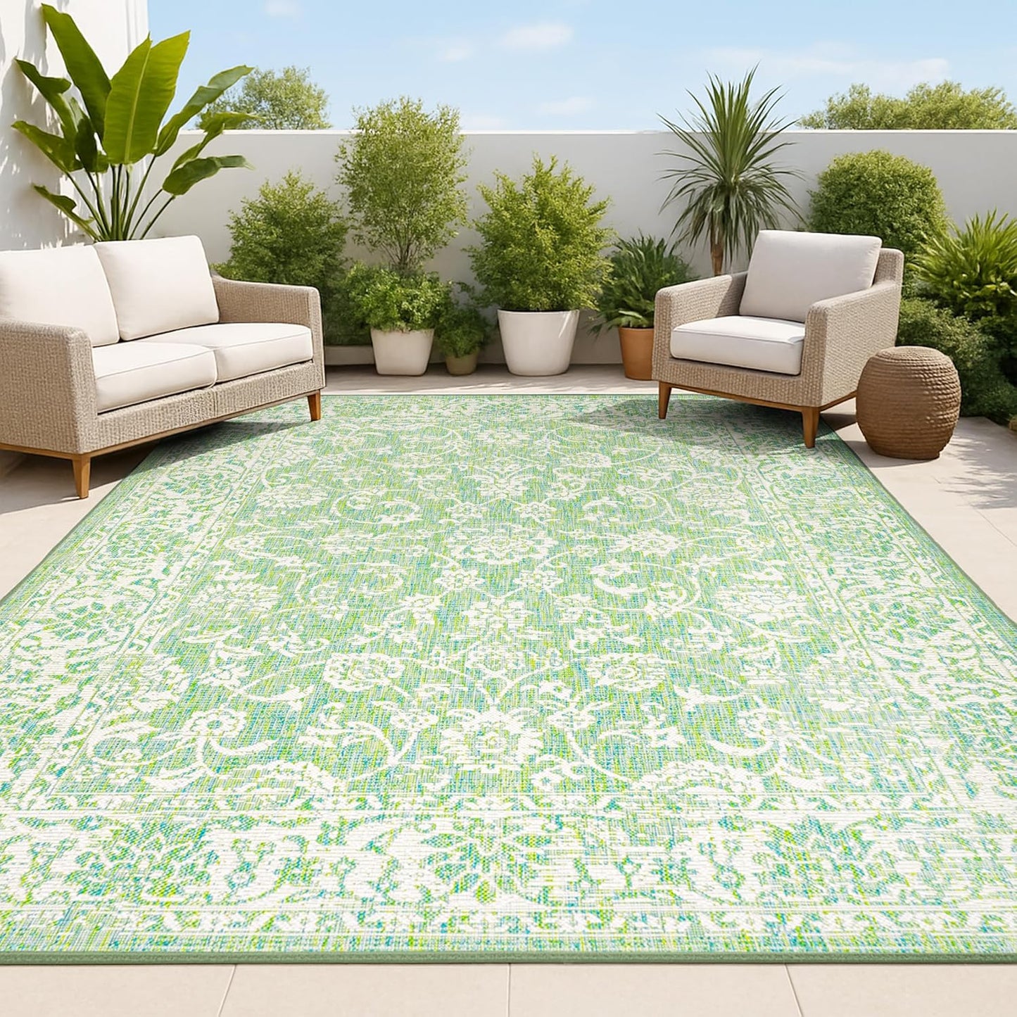 Alfombra bohemia texturizada 4x6ft color crema/verde