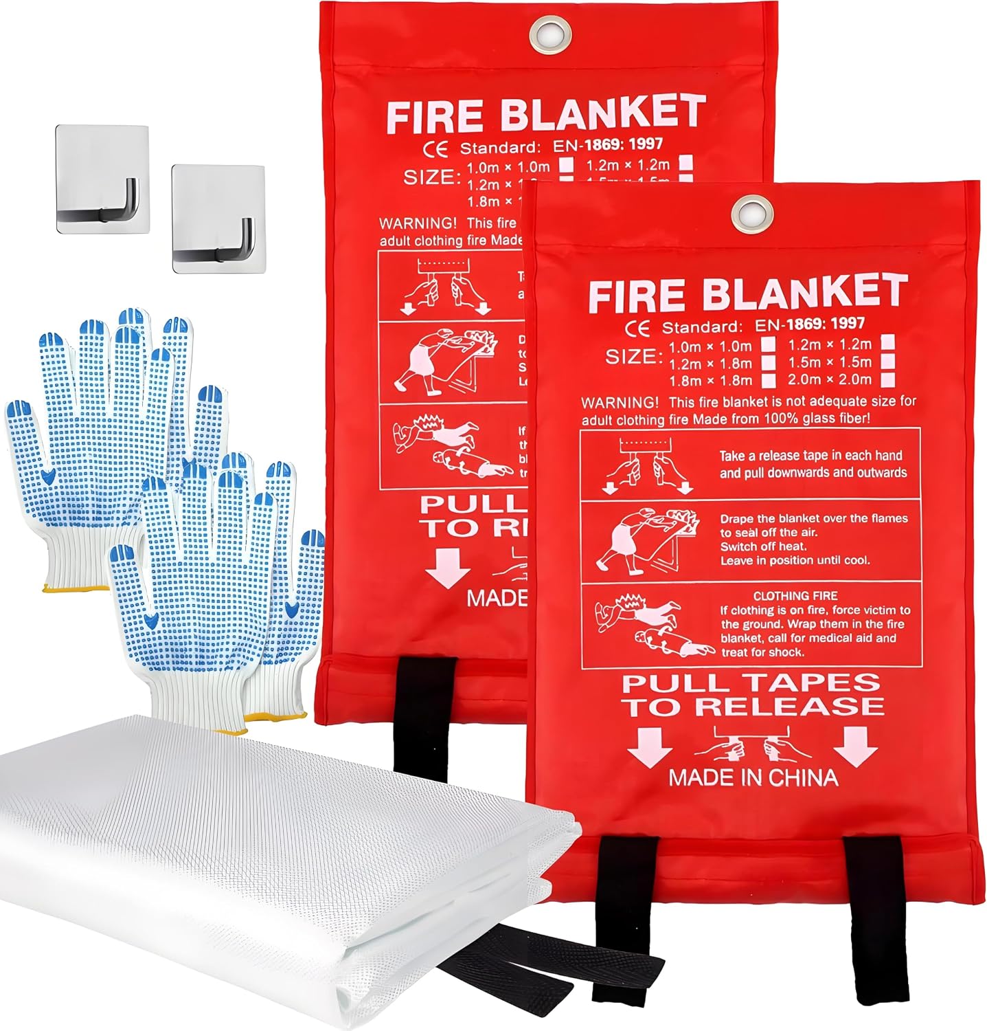 Manta fuego 40x40pulg fibra vidrio con guantes ganchos silbato