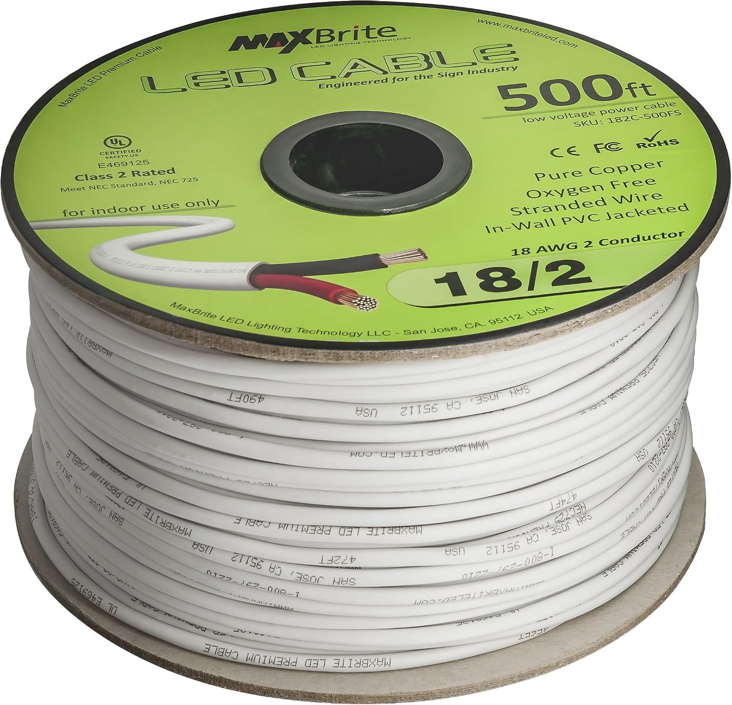 Cable LED 18AWG 500pies 2 conductores funda blanca UL Clase