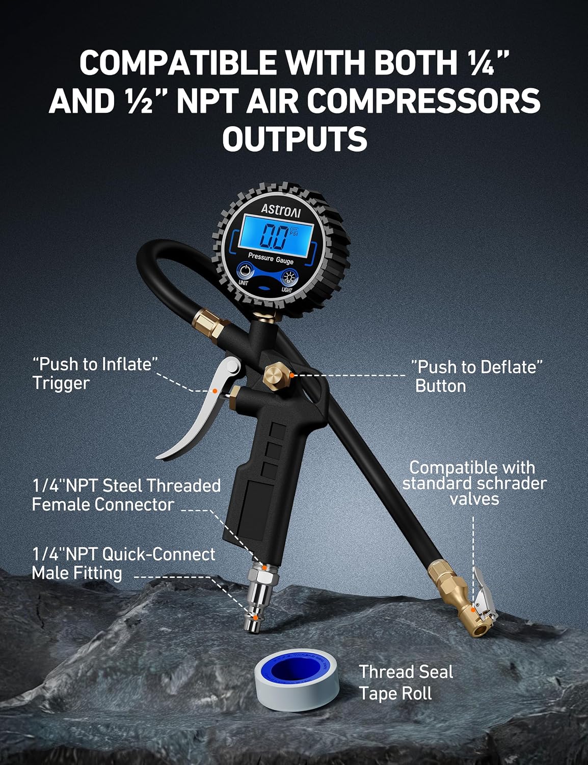 Medidor presión neumáticos 250psi con acoplador rápido