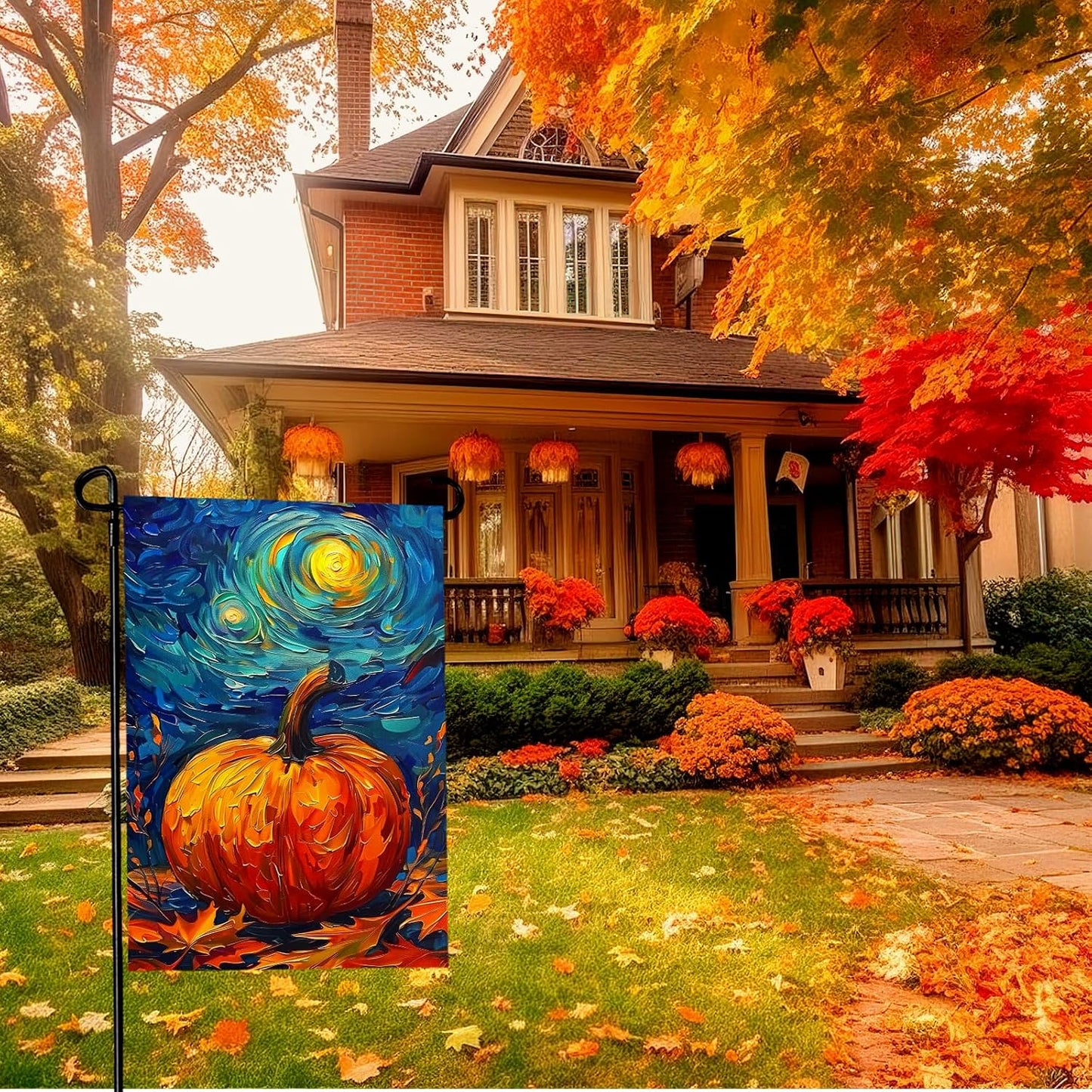 Bandera jardín otoño calabaza hojas Van Gogh arte nocturno