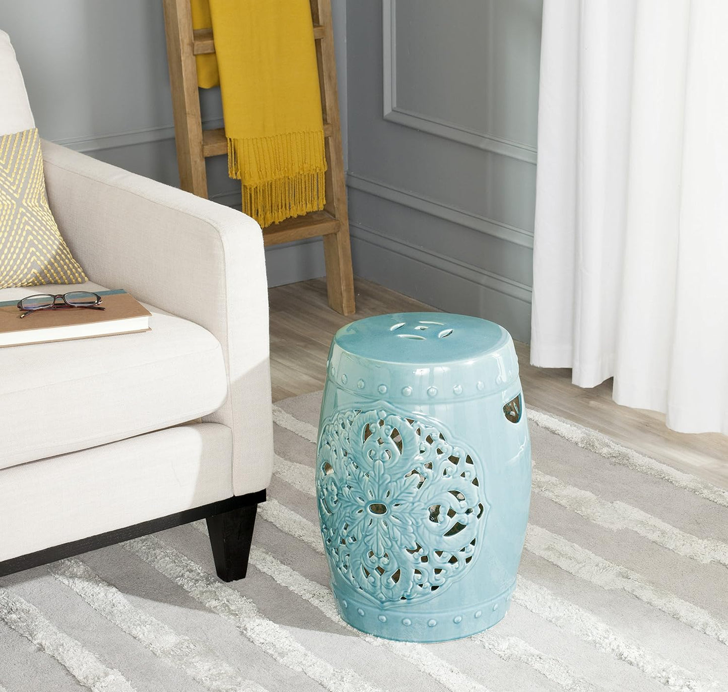 Taburete decorativo cerámica pintado a mano azul