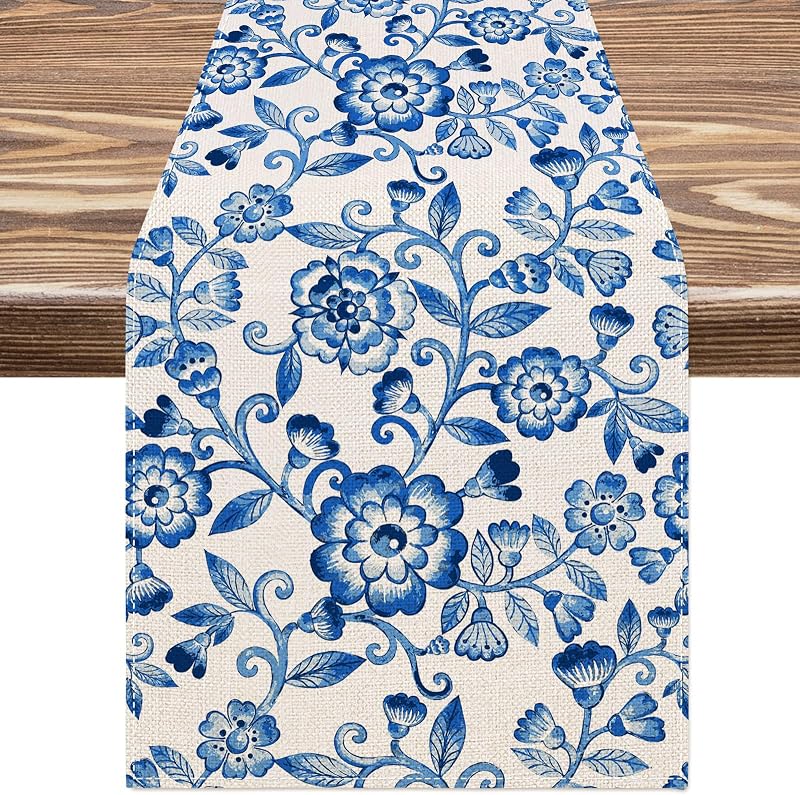 Camino mesa floral blanco azul vintage 13x72pulg