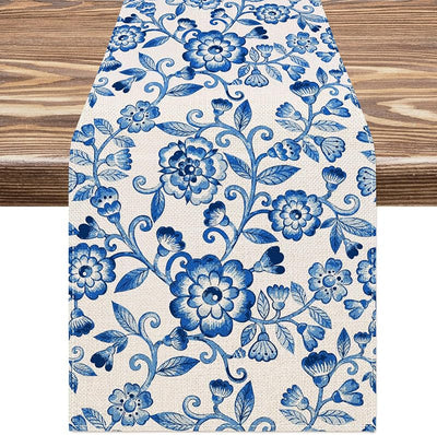Camino mesa floral blanco azul vintage 13x72pulg