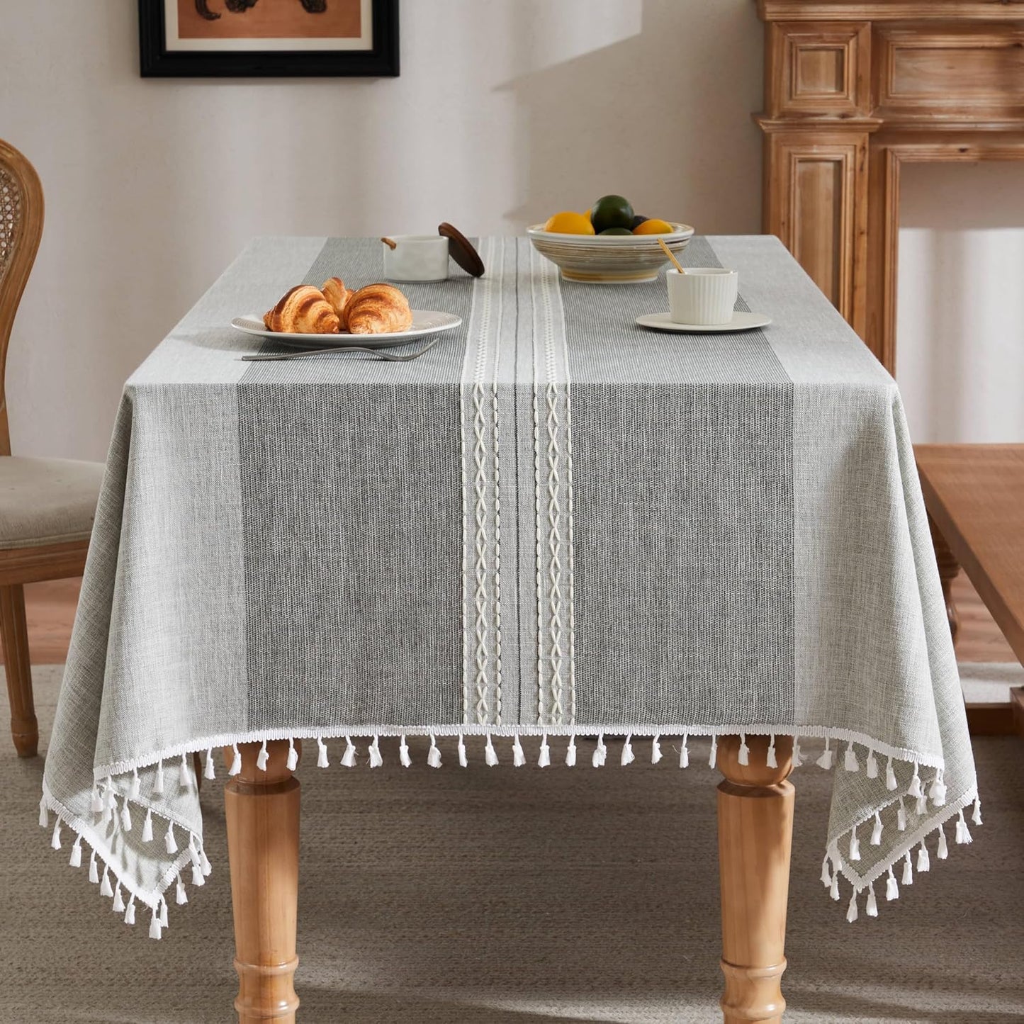 Mantel lino cuadrado 52x52pulg gris raya estilo granja