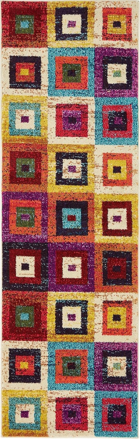 Alfombra geométrica cuadrada multicolor beige 2'2x6'7