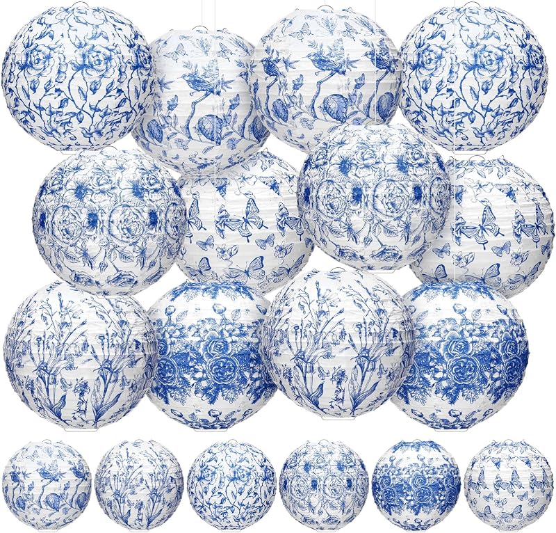 12 Pzas Faroles Chinos Azul Blanco 8pulg Colgantes Decoración