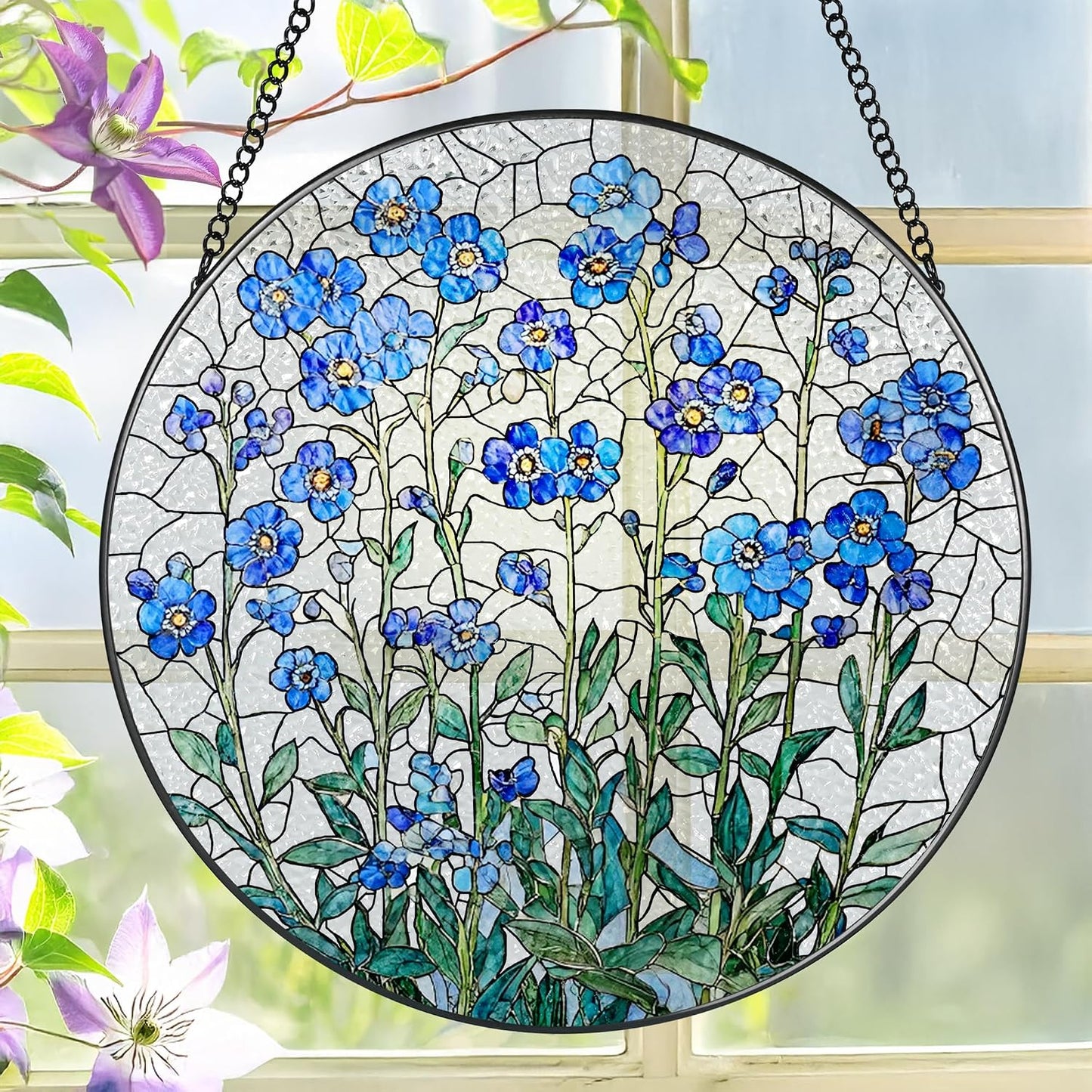 Colgante Vidrio 20.32cm Vitral Flores No Me Olvides