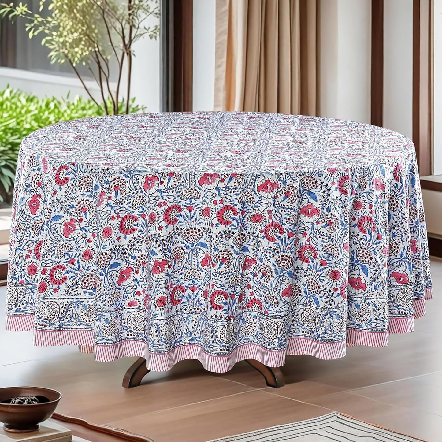 Mantel redondo 90pulg rosa flamenco 100% algodón reutiliz.
