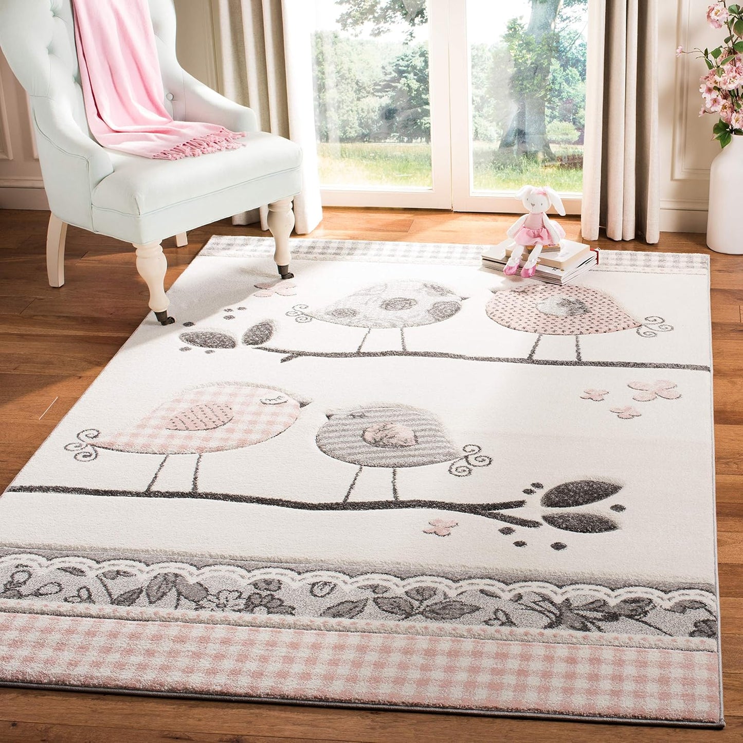 Alfombra niños 4x6ft diseño pájaros rosa y marfil