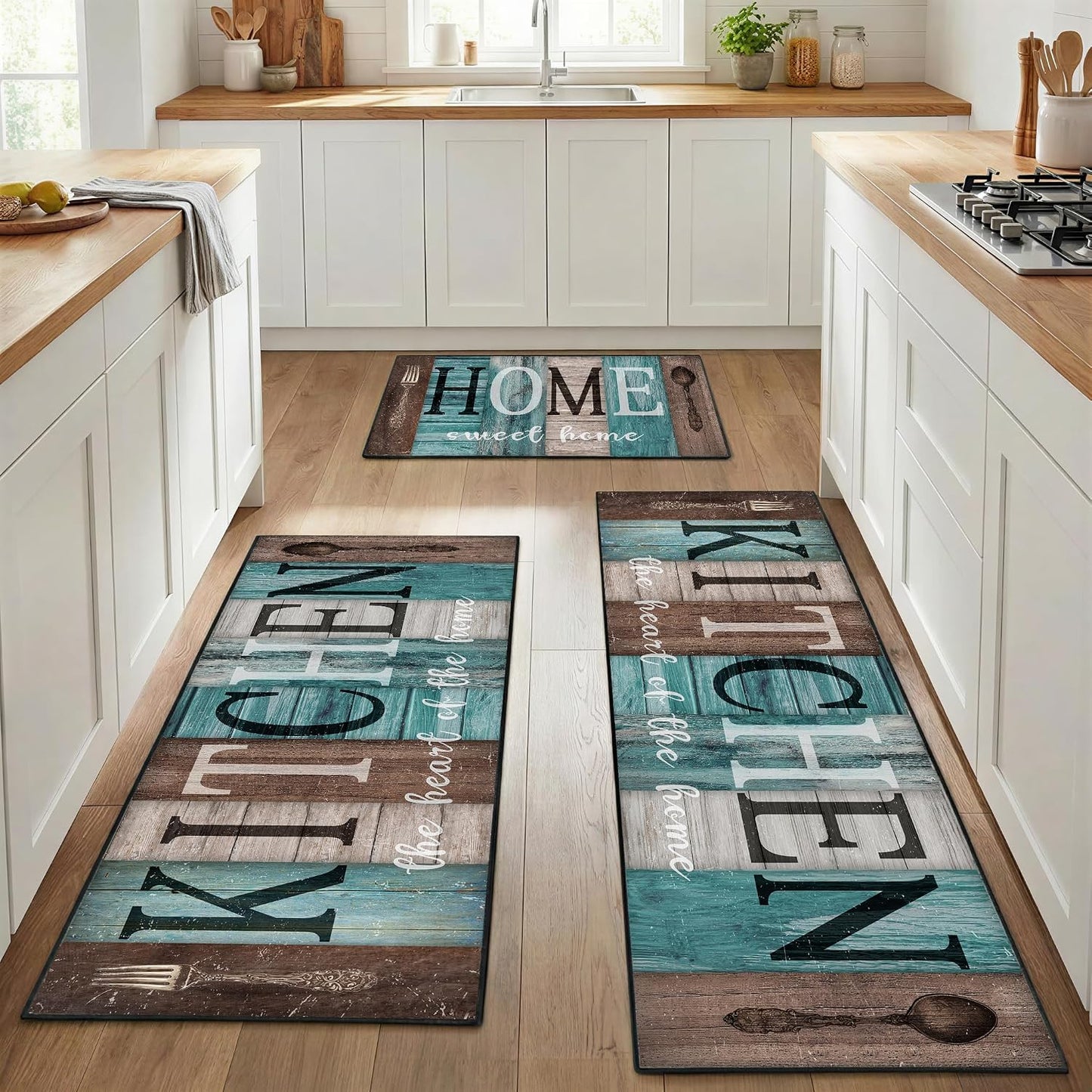 3 Alfombras cocina antideslizantes color turquesa y verde