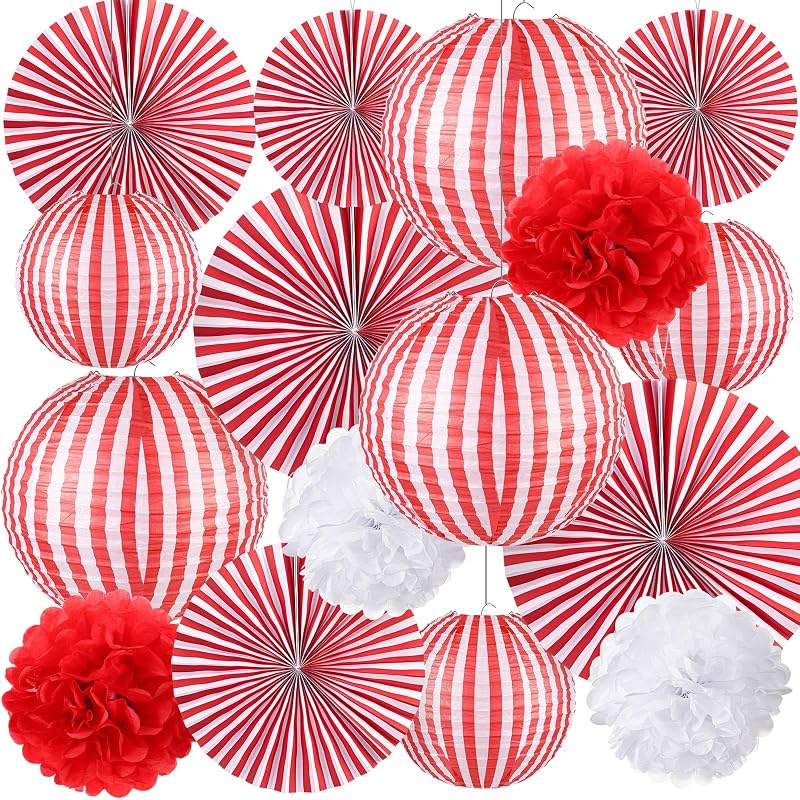 16 Pzas Decoración Circo Carnaval Rayas Rojas y Blancas