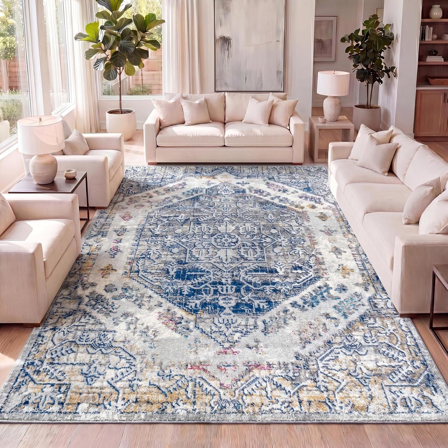 Alfombra bohemio crema/azul 3x5ft sala dormitorio cocina