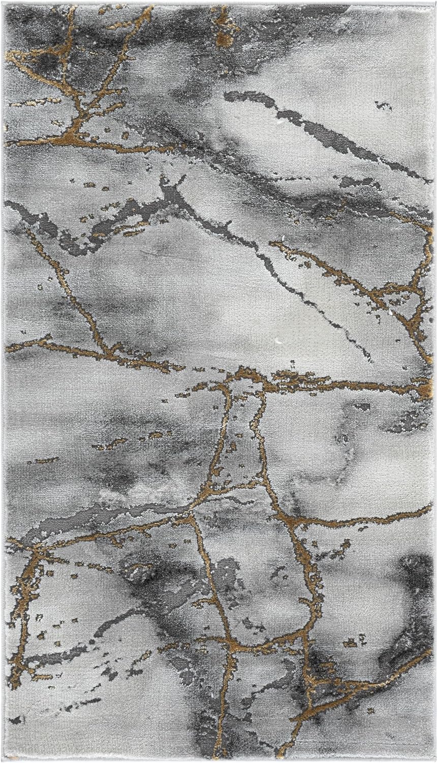 Alfombra decorativa 2'3x4' gris y dorado abstracta