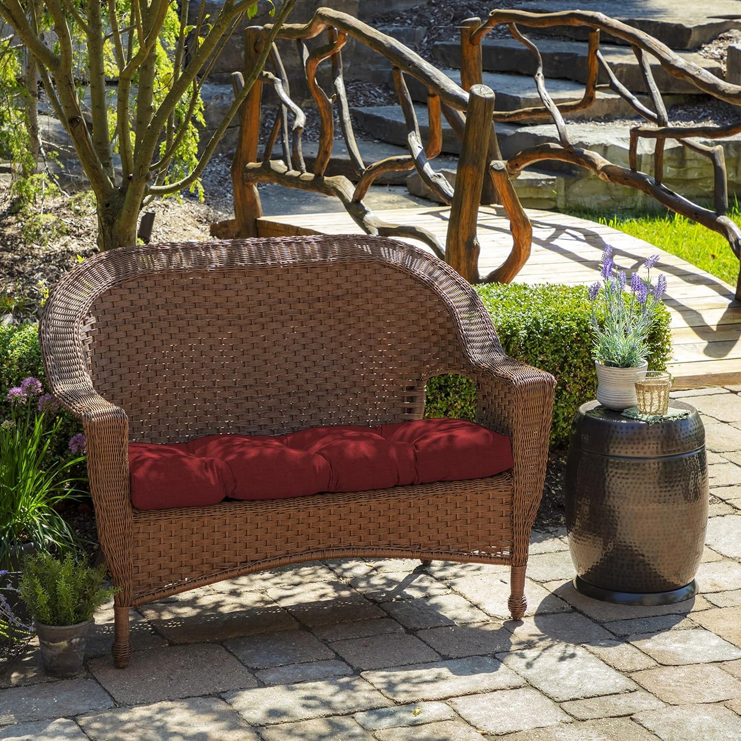 Cojín banco mimbre exterior 41.5x18pulg resistente rojo rubí