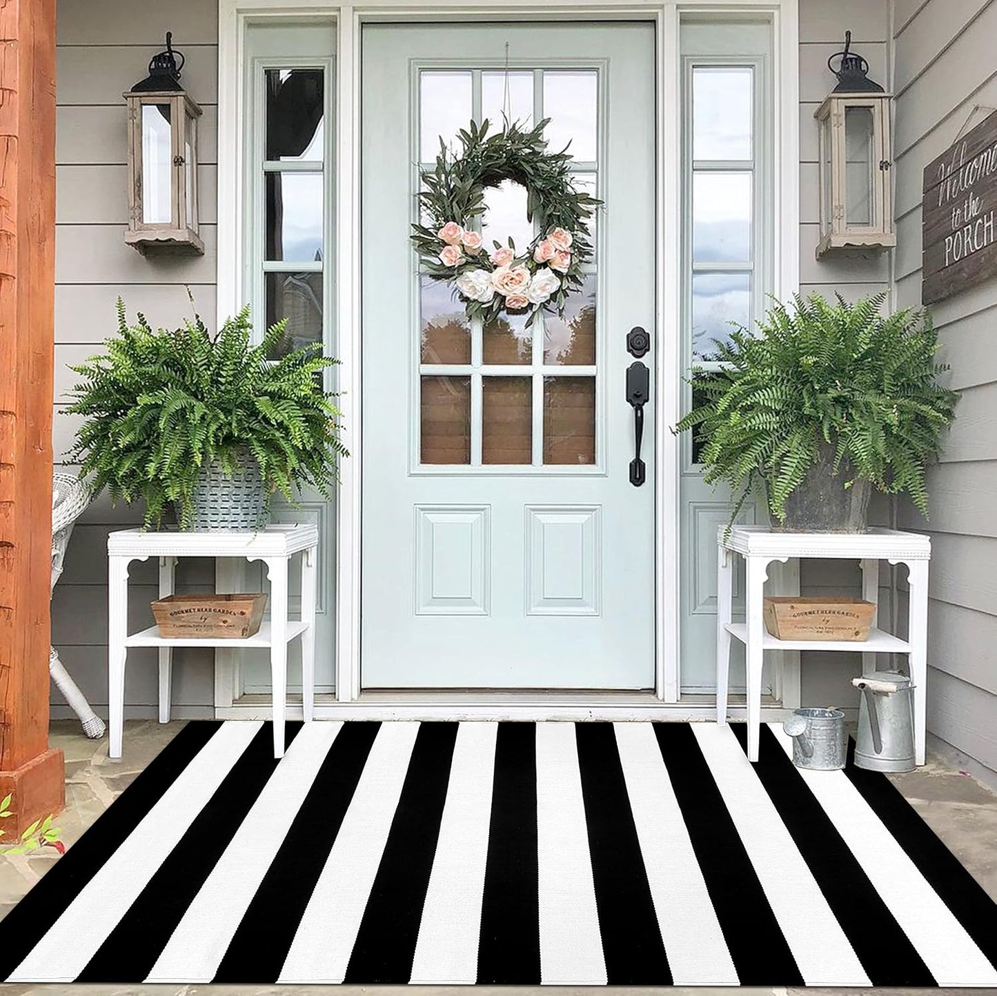 Tapete a rayas blanca y negra 4x6pulg puerta exterior