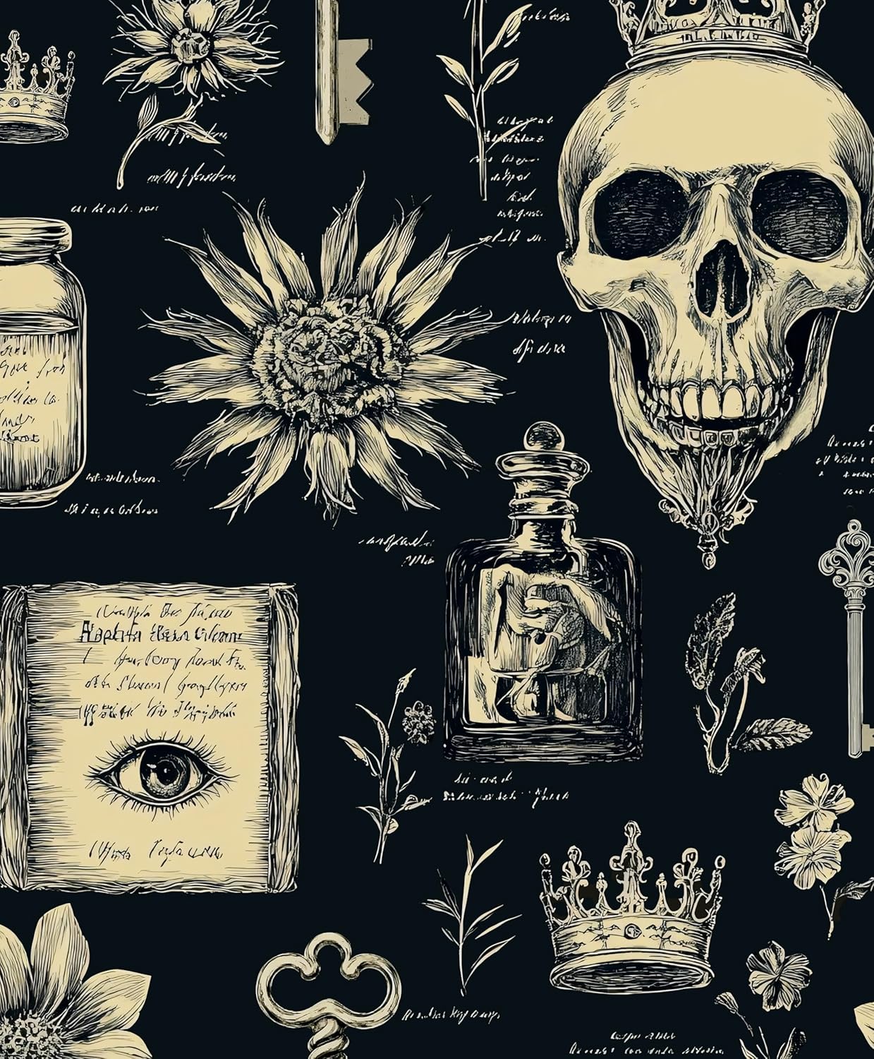 Papel tapiz calavera gótica bruja beige negro autoadhesivo