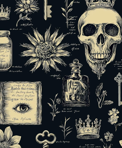 Papel tapiz calavera gótica bruja beige negro autoadhesivo
