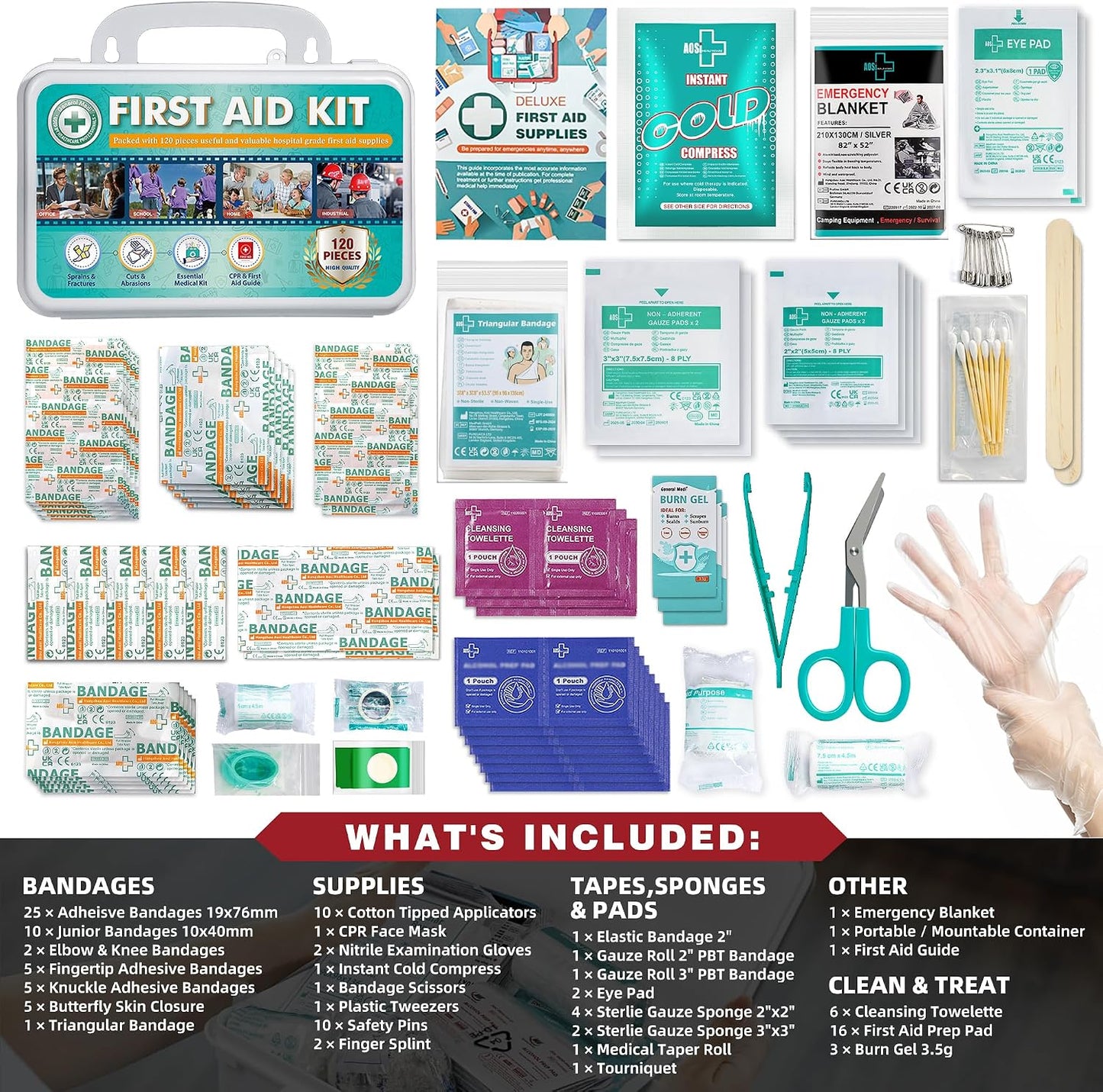 Kit primeros auxilios 120 pzas estuche duro manta emergencia