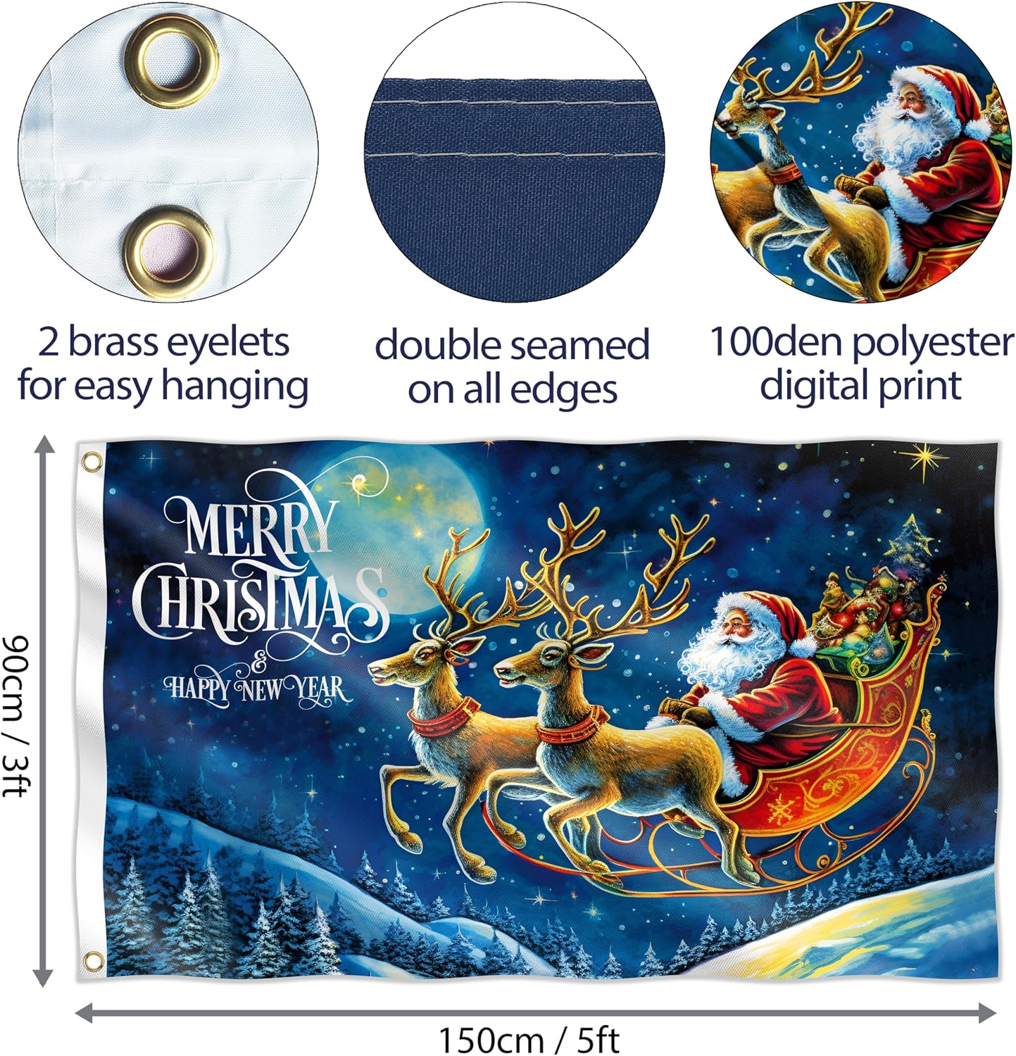 Bandera Navidad 3x5ft Papá Noel poliéster doble costura