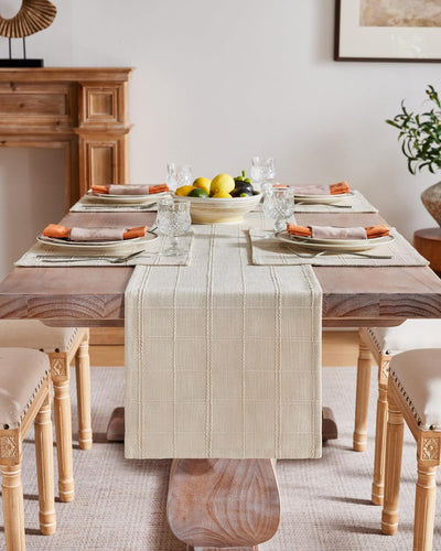 Camino de mesa de lino a cuadros beige tejido texturizado 13 x 48 pulgadas
