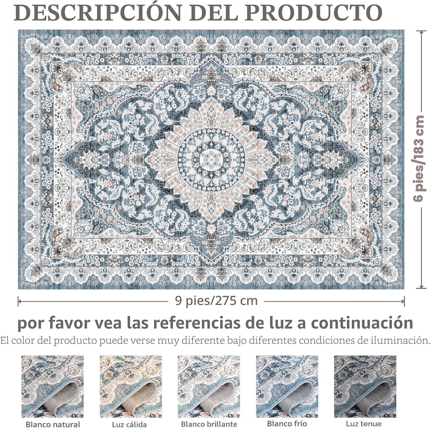 Alfombra área 6x9 vintage lavable antiderrap pelo bajo