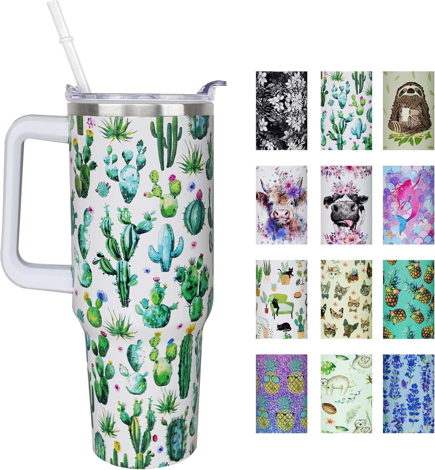 Vaso cactus 40oz con asa tapa popote térmico regalo