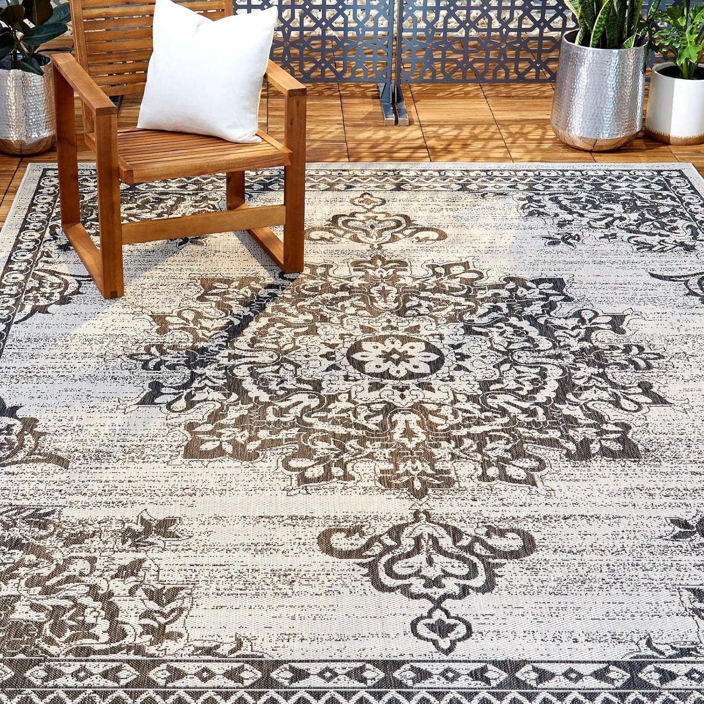 Alfombra geométrica patio 5.2x7.2ft gris/negro