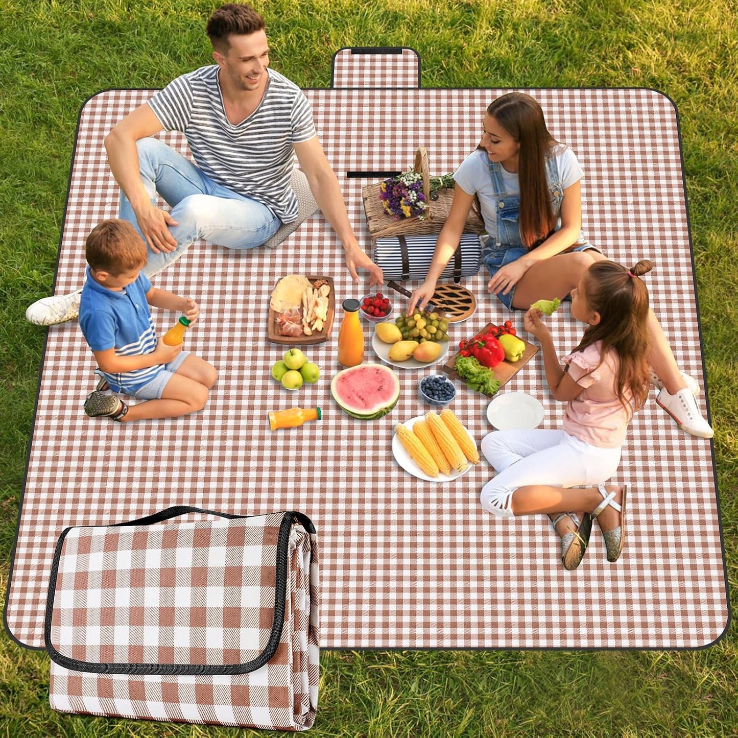 Manta picnic impermeable 80x80" cuadros café asa