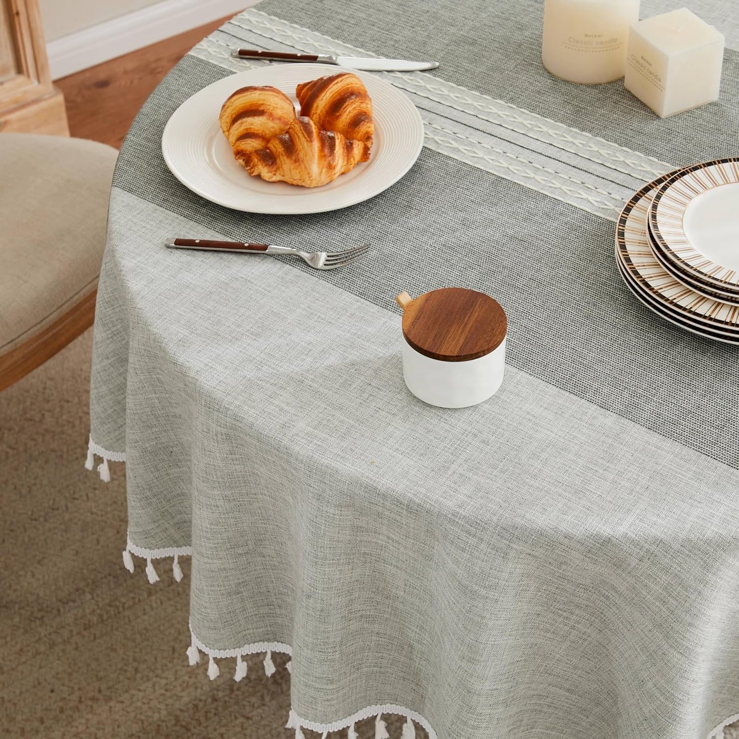 Mantel lino gris 52pulg estilo granja resistente agua