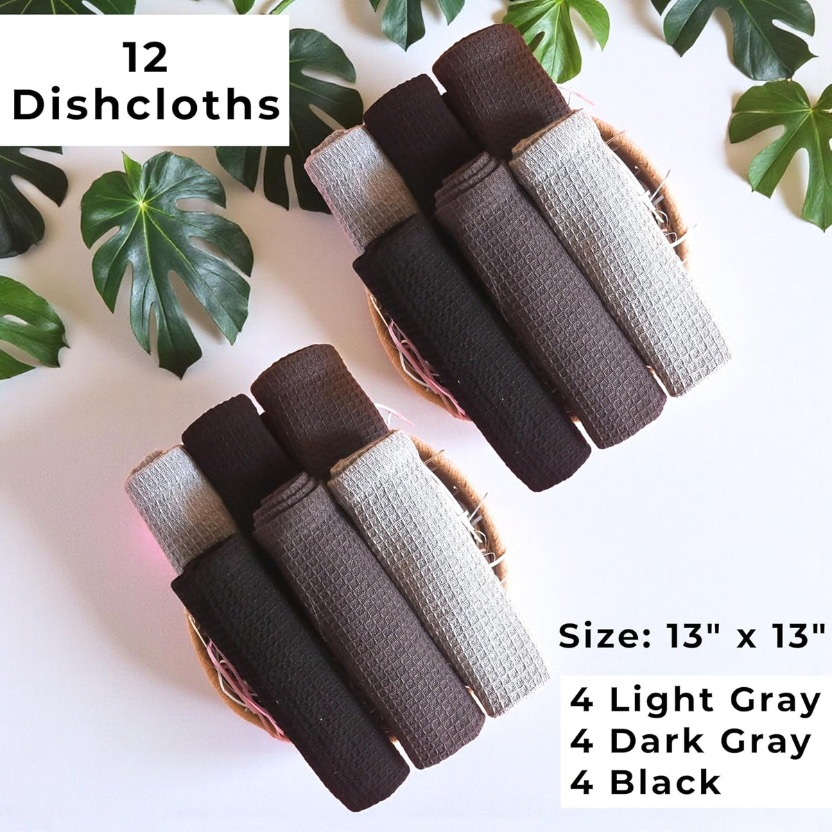 Paños de cocina tejido gofre 13x13 pulgadas juego de 4 gris claro y negro