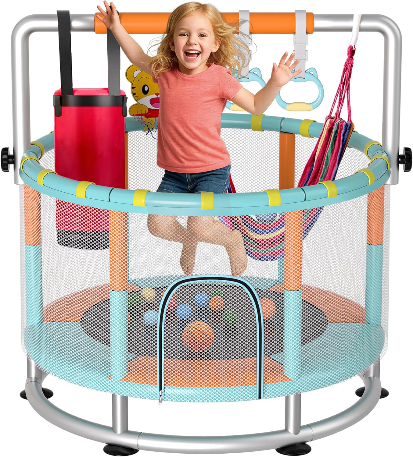 Cama elástica 55pulg para niños con red y barra ajustable