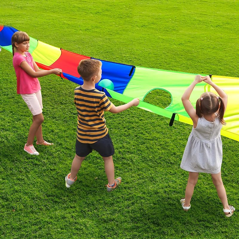 Paracaídas arcoíris para niños 18x3pies con 16 asas y bola