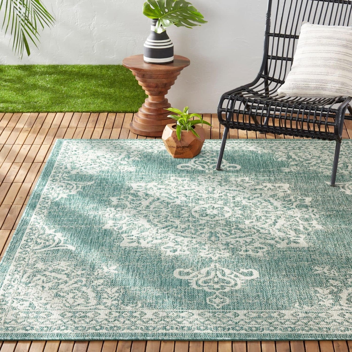 Alfombra geométrica medallón patio 6.6x9.2ft azul/blanco