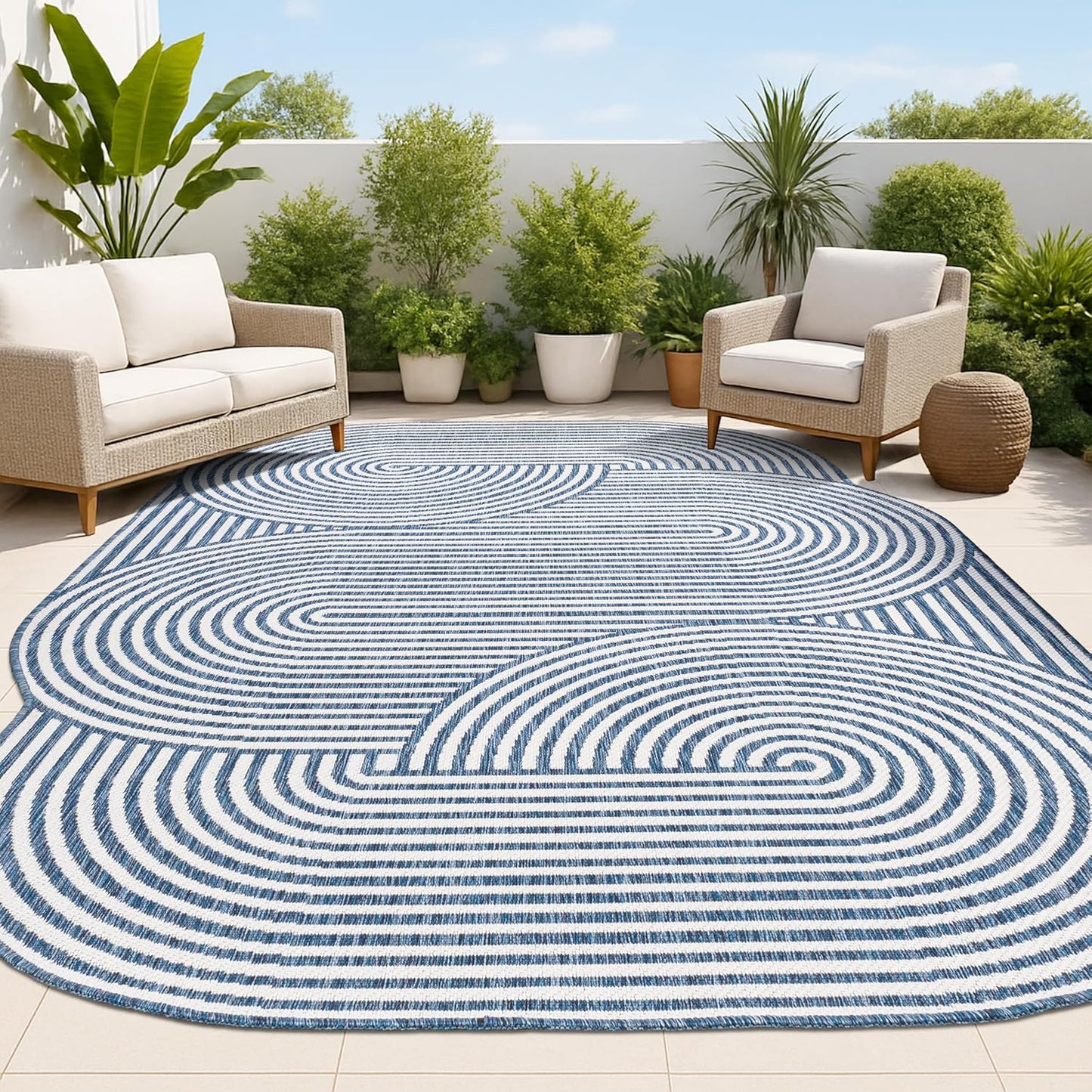 Alfombra geométrica rayas 5x8 crema/azul patio