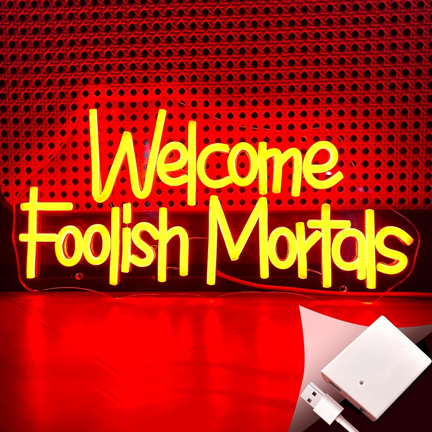 Letrero neón Welcome Foolish Mortals para Halloween gótico