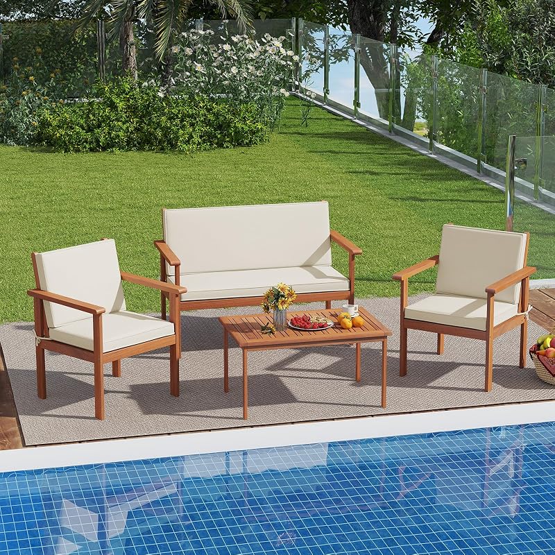 Set 4 sillas acolchadas madera acacia mesa patio trasero