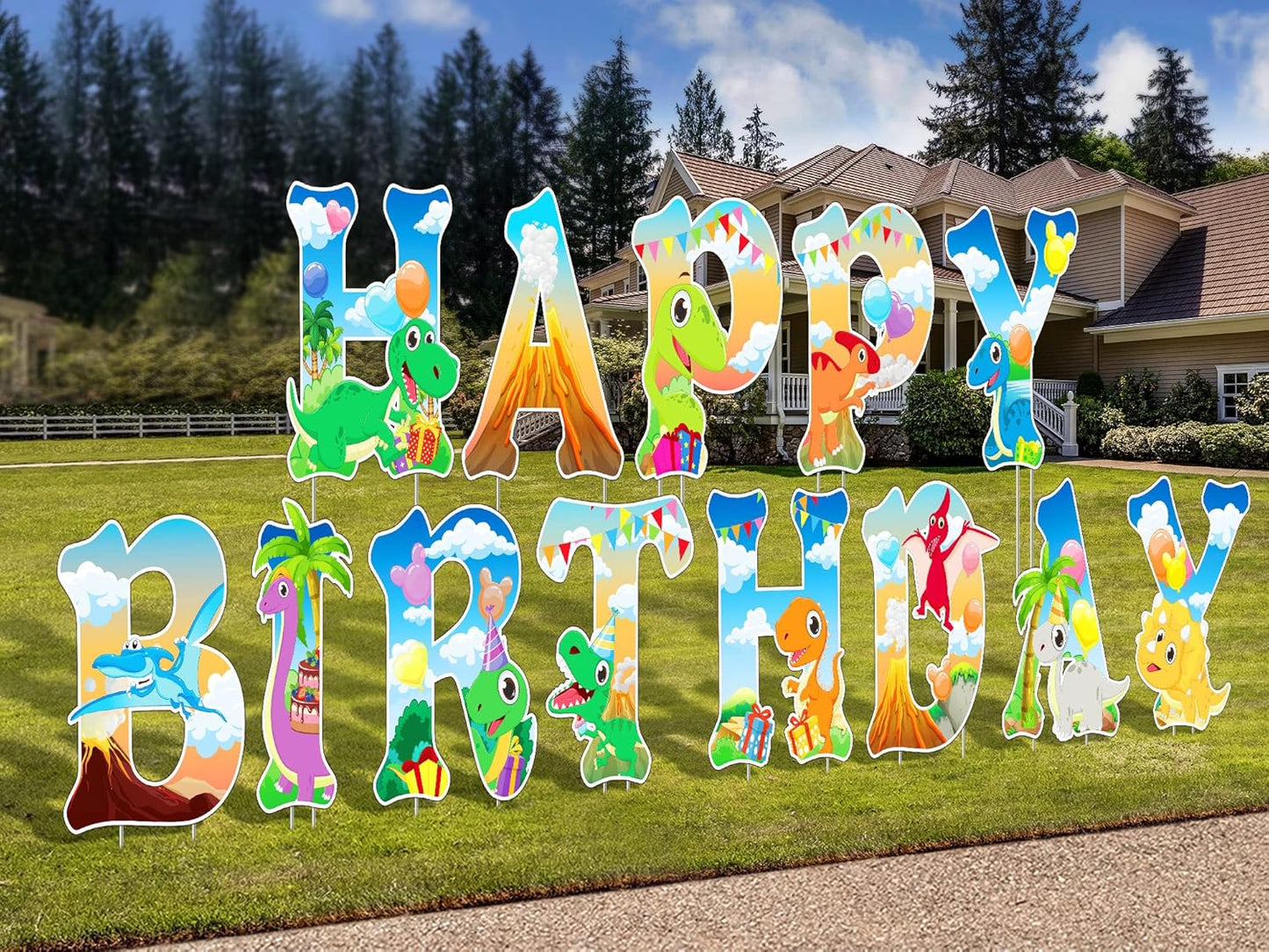 13 Pzas Letrero Feliz Cumpleaños Dinosaurio Plástico Jardín