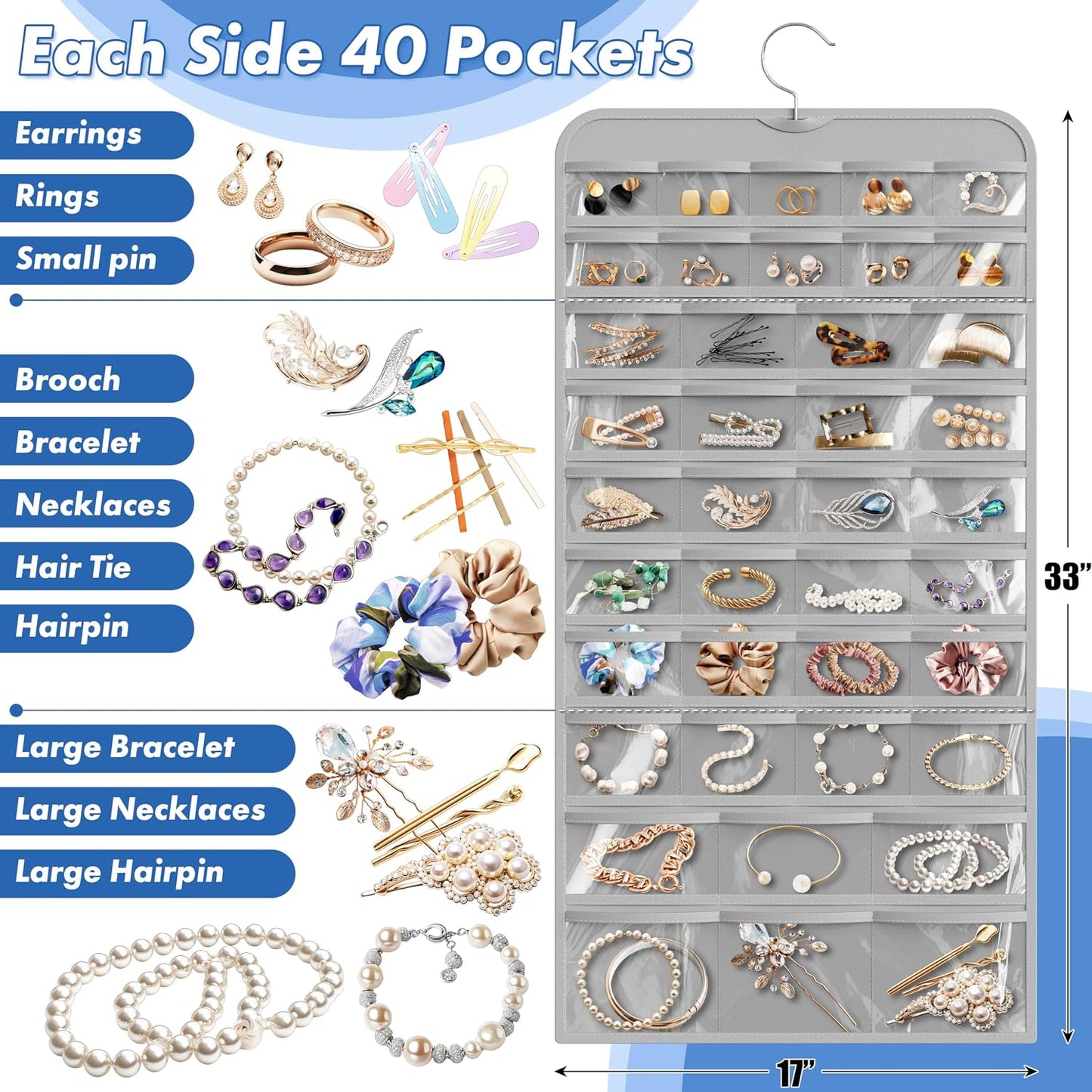 Pack 2 organizadores colgantes joyas 80 bolsillos gris