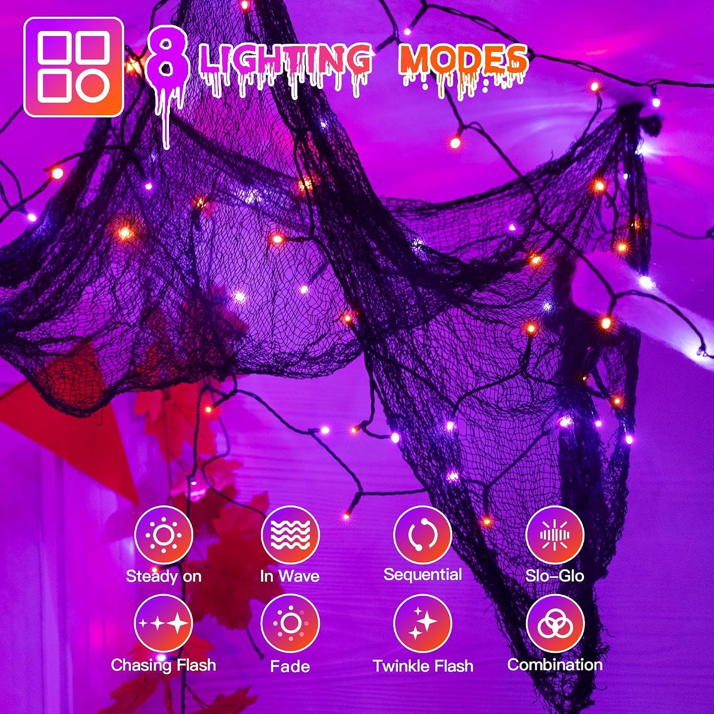 Tira luces LED Halloween 66ft naranjas moradas 8 modos