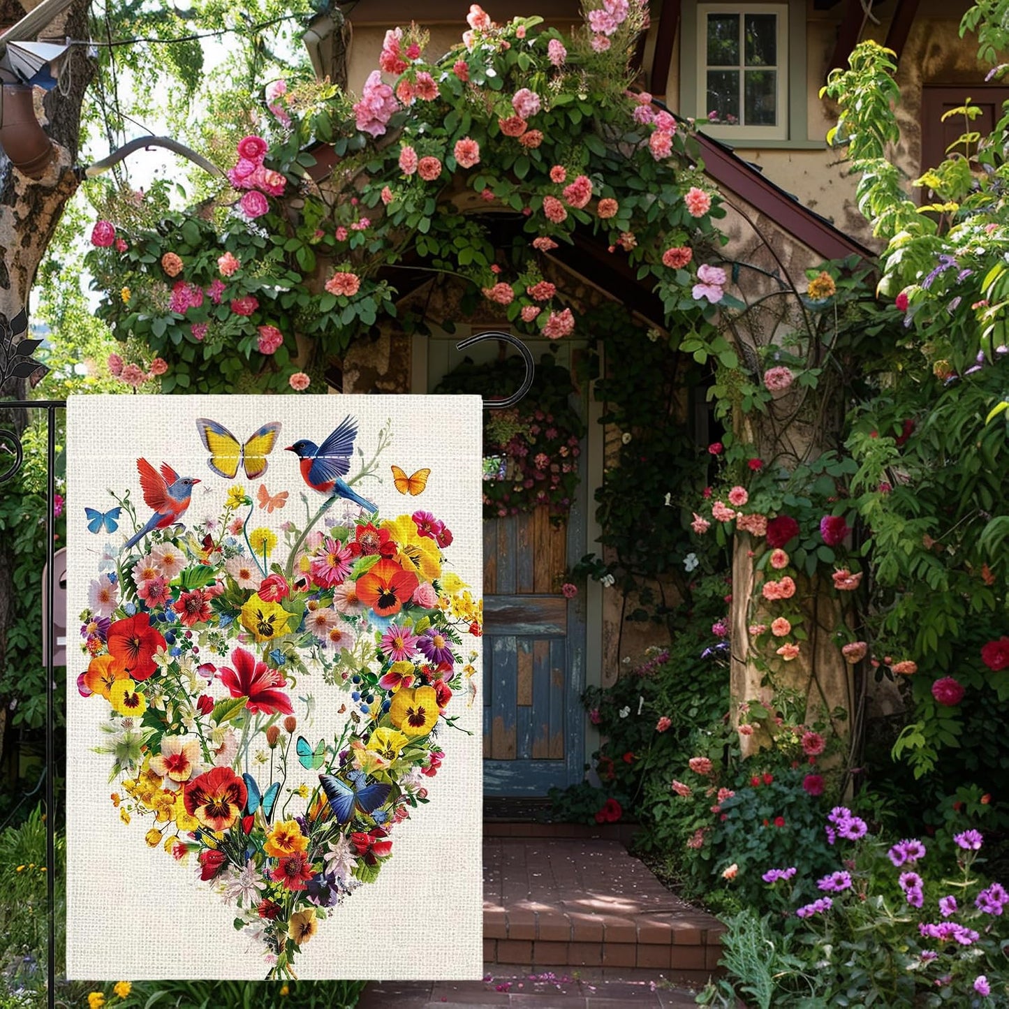 Bandera jardín doble cara 12x18pulg diseño pájaros mariposas