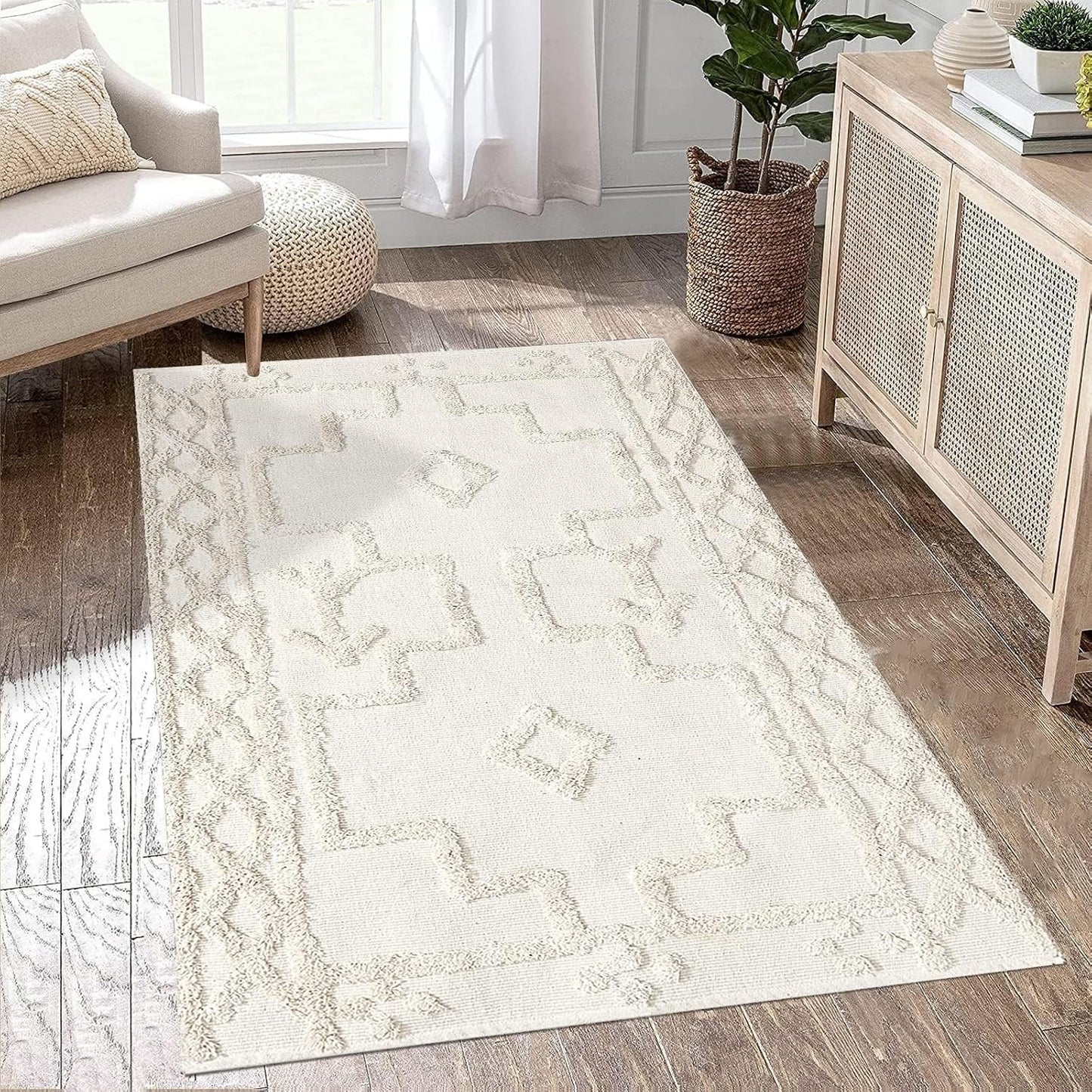 Alfombra bohemia 3x5ft algodón lavable crema dormitorio