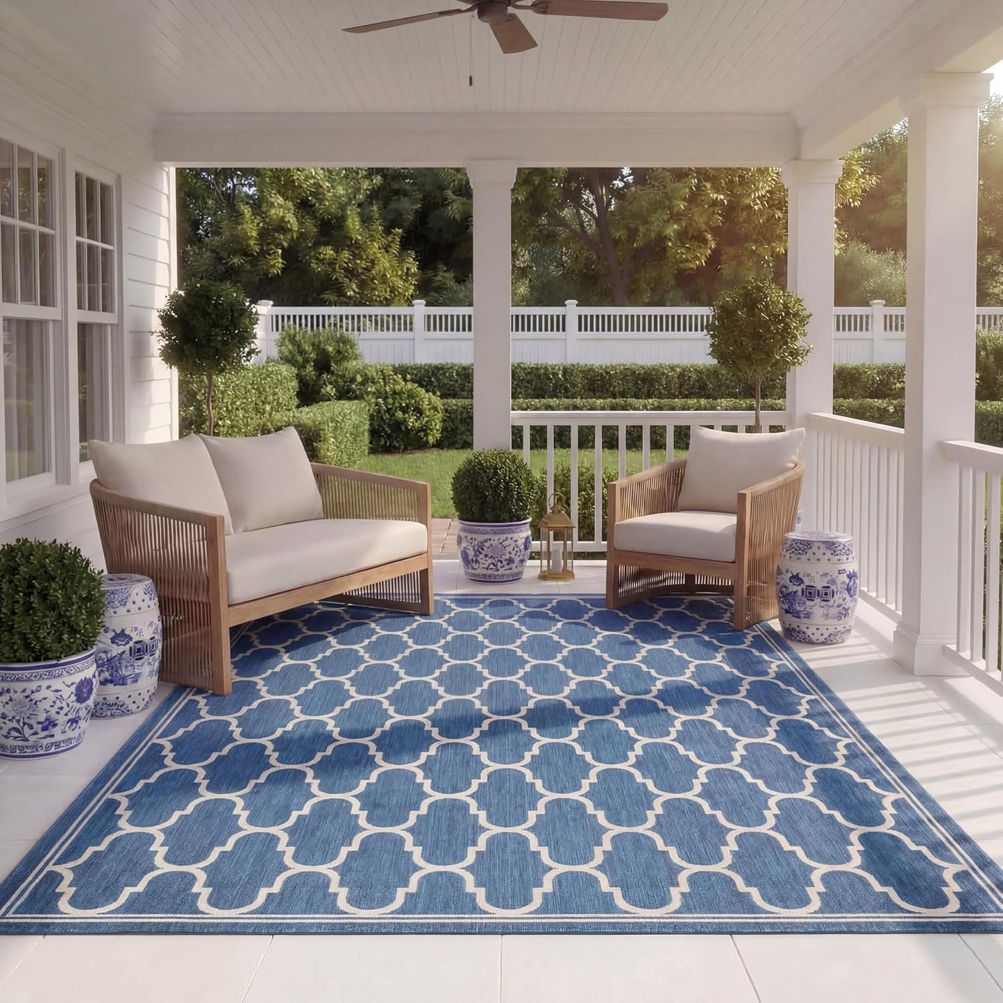 Alfombra lavable exterior 8x11pies azul y beige no pelusa